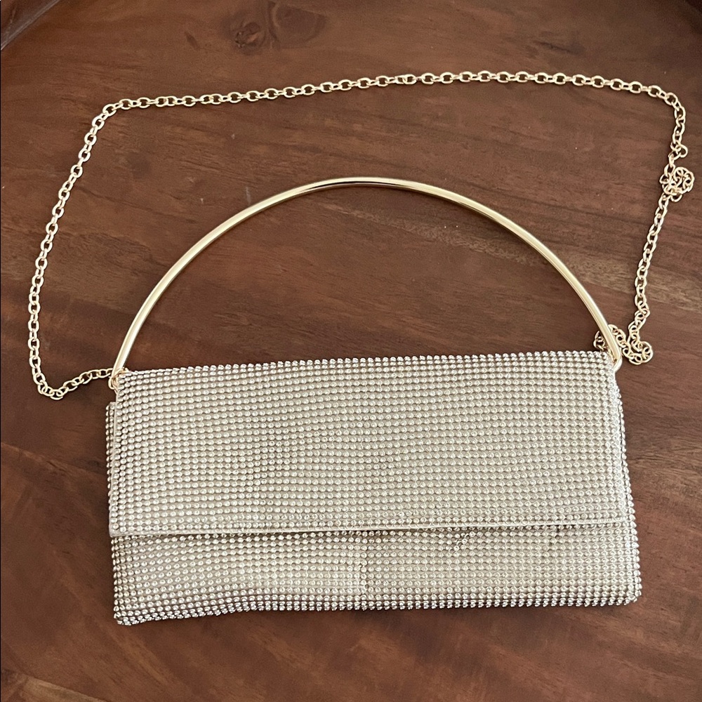 Crystal-Embellished Evening Clutch - Gold Chain Handle